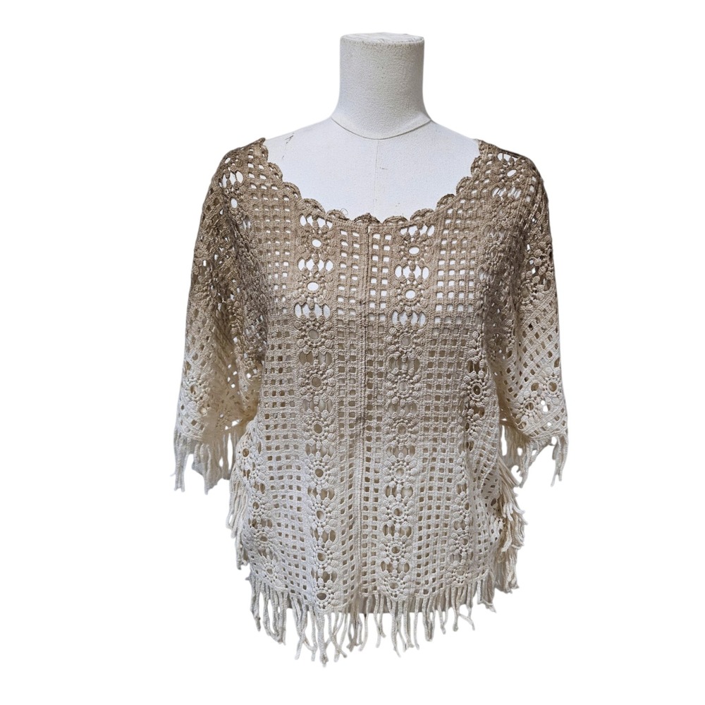Haute Hippie Style Crochet Poncho Top Ombre Fringe Boho Cotton One Size
